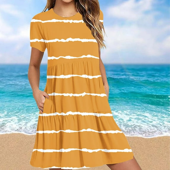 Sakmal Long Womens Dresses Summer Yellow Crew Neck Tiered Striped Short Sleeve Loose Fit with Pocket Sundress