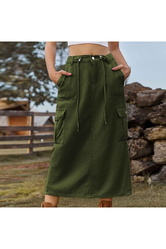 Long Womens Skirts Cargo Green High Waisted A line Solid Skirts with Pockets