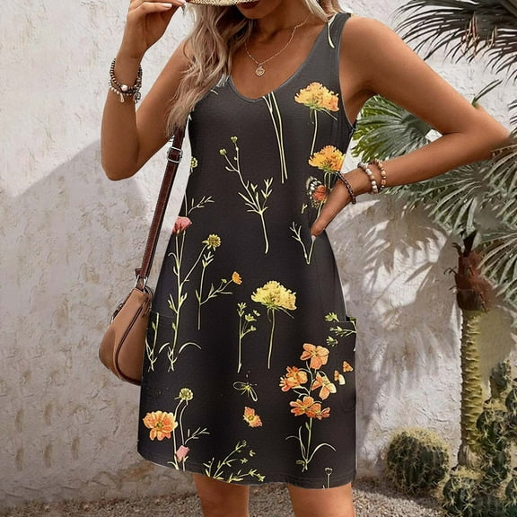Sakmal Loose Fit Casual Dresses for Women Floral Comfy Black Sleeveless Comfort Fit Mid-Length Slip Dress