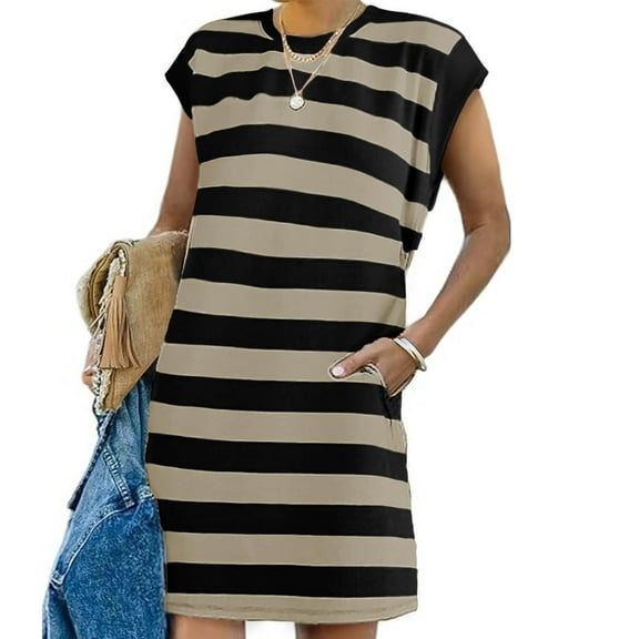 Sakmal Loose Fit Dresses for Women 2024 Casual Spring Basic Striped Sleeveless Brown Comfort Fit Long Shift Dress
