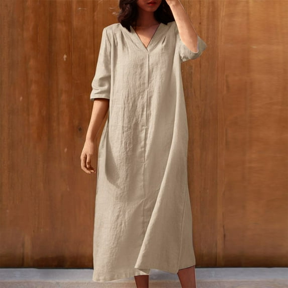 Sakmal Loose Fit Dresses for Women Elegant Comfy Solid Elbow-Length Oversized Beige Maxi Shift Dress
