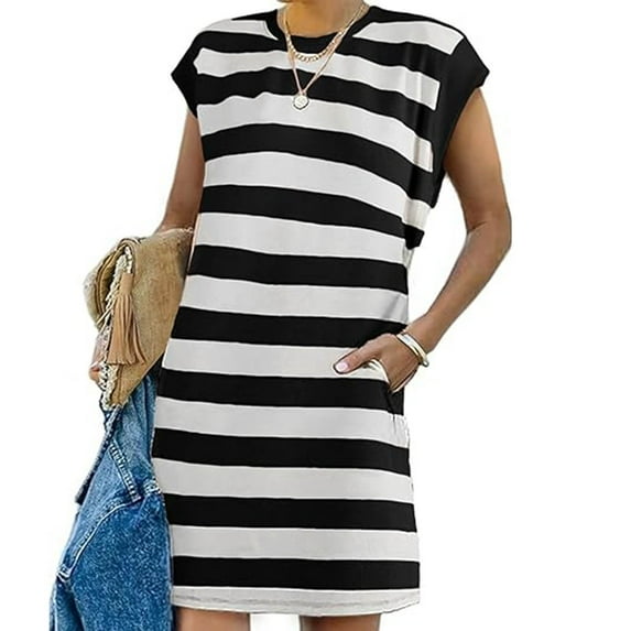 Sakmal Loose Fit Dresses for Women Striped Basic Sleeveless Black Comfort Fit Long Shift Dress