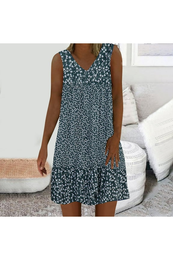 Loose Fit Summer Dresses for Women Under $10 Floral Boho Comfort Fit Blue Sleeveless Mid-Length Shift Dress