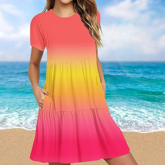 Sakmal Loose Fit Sun Dresses for Women 2024 Basic with Pocket Gradient Short Sleeve Orange Comfort Fit Long Sundress