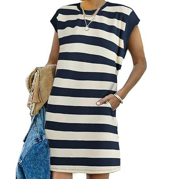 Sakmal Loose Fit Sun Dresses for Women 2024 Striped Basic Comfort Fit Sleeveless Blue Long Shift Dress