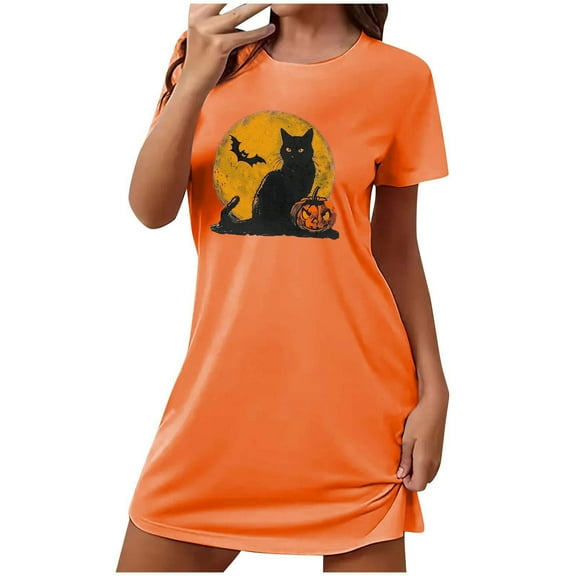 Sakmal Loose House Dress for Women Orange Lightweight Halloween Comfy Mumu Dress Black Cat Print Crew Neck Short Short Sleeve Nightgowns S-2XL