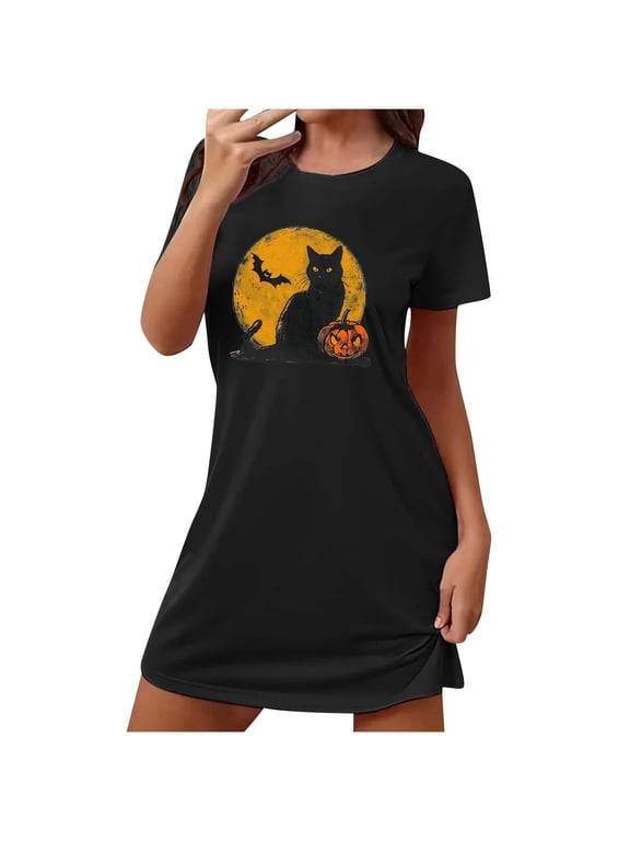 Loose Lounge Nightgowns for Women Playful Black Soft Halloween Nightshirt Short Crew Neck Black Cat Print Short Sleeve Nightgowns S-2XL