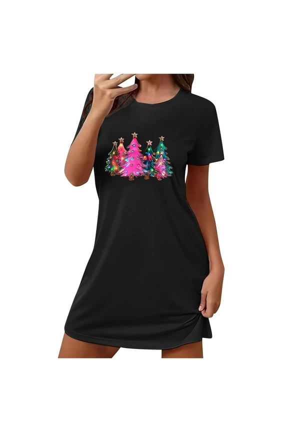 Loose Moomoo Nightgowns Women Black Christmas Cozy Soft Nightwear Short Crew Neck Christmas Trees Print Short Sleeve Nightgowns S-2XL