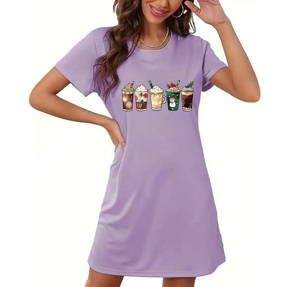 Sakmal Loose Moomoo Nightgowns for Women Christmas Stretchy Purple Soft Loungewear Short Short Sleeve Crew Neck Graphic Nightgowns S-2XL