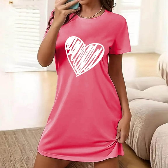 Sakmal Loose Mumu Nightgowns for Women Cute Pink Cloud-Like Pajama Sleep Dress Crew Neck Short Sleeve Heart Print Short Nightgowns S-2XL