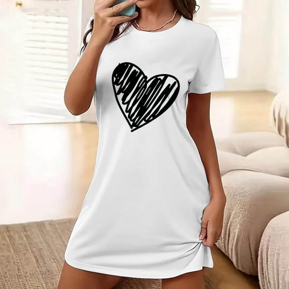 Sakmal Loose Sleepwear for Women Comfy Cloud-Like White Nightwear Short Heart Print Short Sleeve Crew Neck Nightgowns S-2XL