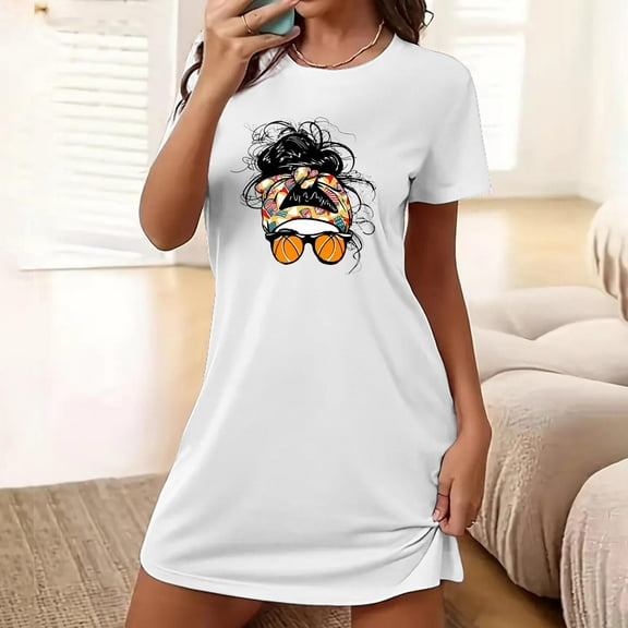 Sakmal Loose Womens Moomoo Nightgown Playful White Lightweight Sleepwear Short Sleeve Short Cartoon Print Crew Neck Nightgowns S-2XL