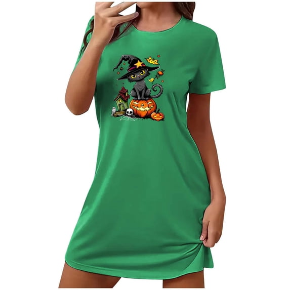 Sakmal Loose Womens Nightgown Halloween Cloud-Like Cute Green Loungewear Short Sleeve Short Black Cat Print Crew Neck Nightgowns S-2XL