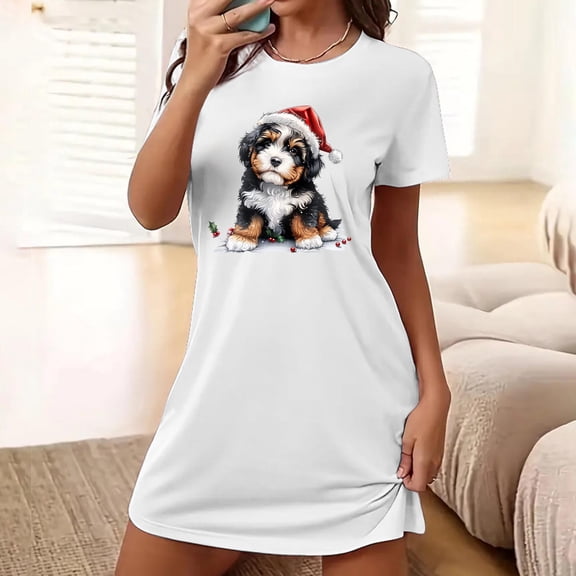 Sakmal Loose Womens Nightgown White Cloud-Like Cute Christmas Pajama Dress Short Sleeve Crew Neck Dog Print Short Nightgowns S-2XL