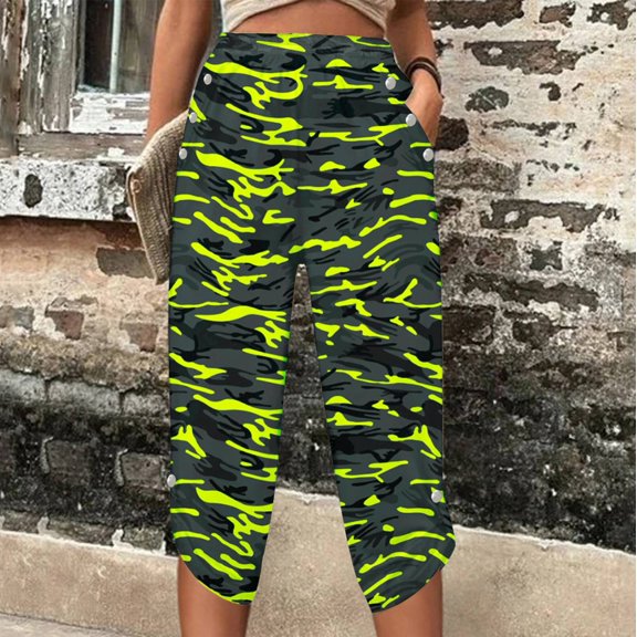 Sakmal Lounge Pants for Women Capri Pants Yellow Cropped Camouflage with Pockets Ladies Pants