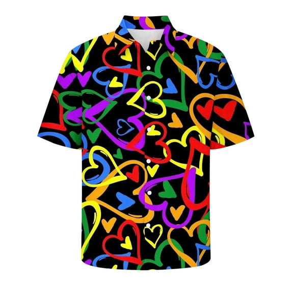 Sakmal Love Button Down Shirts Men Casual Short Sleeve Tshirts Heart Print Black Mens Shirts M