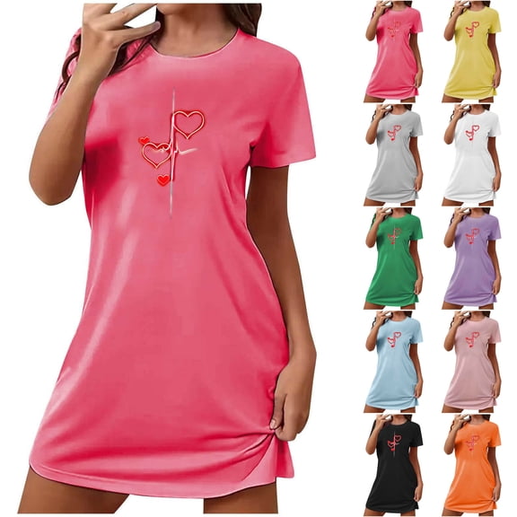 Sakmal Love Moomoo Nightgownss Women Soft Short Sleeve Valentines Pajama Sleep Dress Heart Print Short Nightgowns for Women L