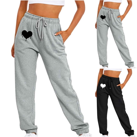Sakmal Love Sweatpants for Women Valentines Drawstring Joggers Pants Workout 30" Inseam Black Heart Print Joggers for Women L