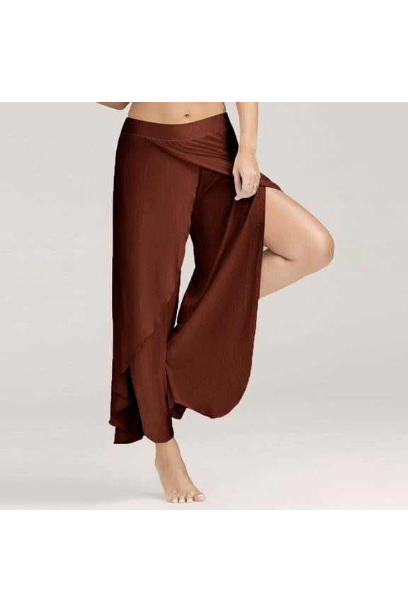 Low Rise Womens Leggings Brown Flowy Buttery Soft Plus Size Yoga Pants Split Wide Leg Long Solid Leggings