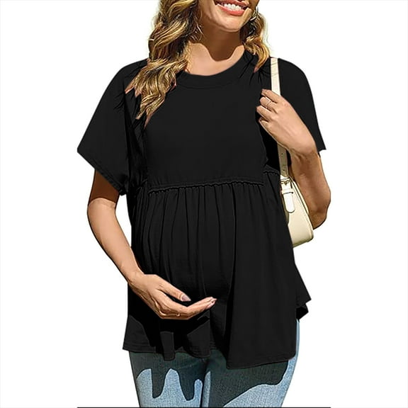 Sakmal Maternity Funny T Shirts Crew Neck Peplum Oversized Short Sleeve Tops Casual Loose Black T-Shirts Workout Tops For Women
