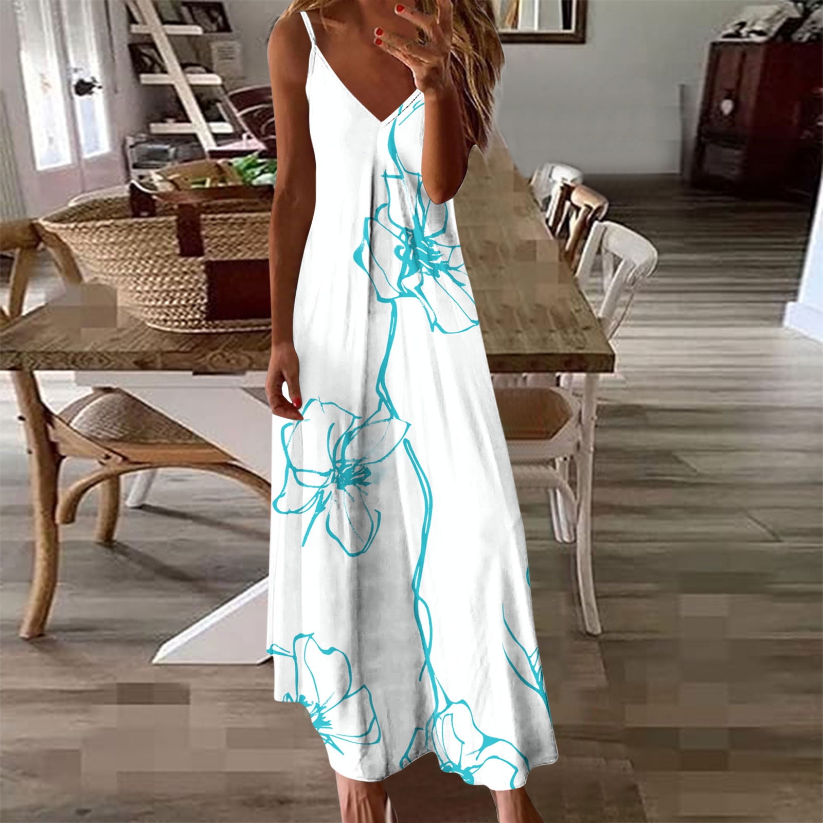 Women Summer Casual Print Blue O-Neck Maxi Dress AS1040 main image 0