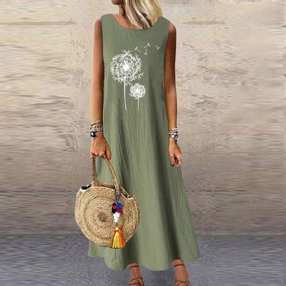 Sakmal Maxi Casual Dresses for Women Green Sun Dress Cotton and Linen Sleeveless Crew Neck Pocket Graphic Plus Size Girls Dresses