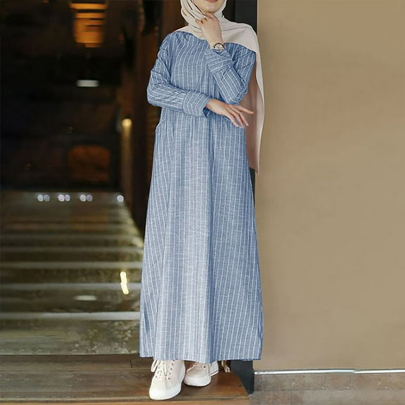 Sakmal Maxi Dresses for Women 2024 Spring Dresses Striped Cotton and Linen Casual Loose Long Sleeve Dresses for Ladies