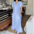 thumbnail image 1 of Sakmal Maxi Shirt dresses Women Short Sleeve V Neck Blue Dresses ,Sizes S-5XL, 1 of 8