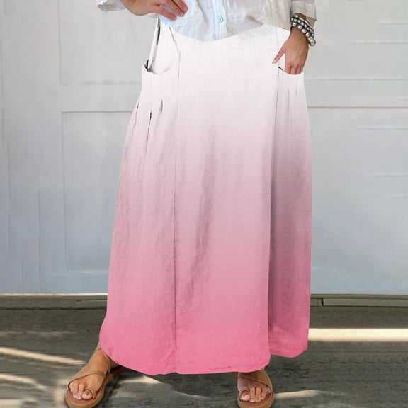 Sakmal Maxi Skirt Women's Summer Straight Pink Elastic Waist Gradient Skirts with Pockets