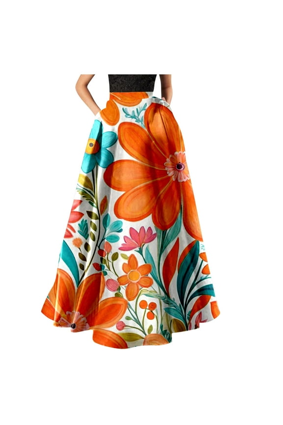 Maxi Skirt Womens Orange Boho Flowy Ruffle A line Floral Skirts for Women