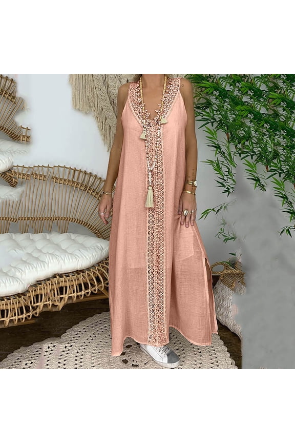 Maxi Spring Dresses Flowy Sundress Pink Plus Size Dress Sleeveless Lace V Neck Dresses