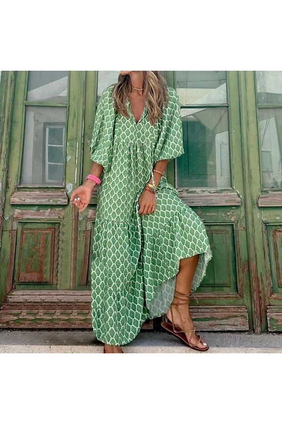 Maxi Spring Dresses for Women 2024 Shift Dress Geometric Tiered Casual Elbow-Length Skirts for Women