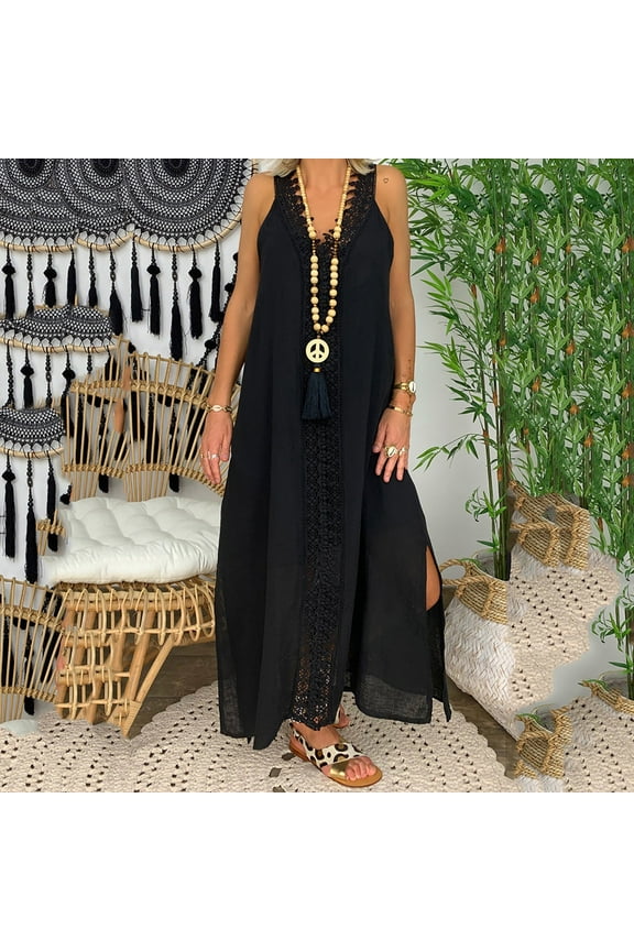Maxi Summer Dresses Black Flowy Sundress Plus Size Dress Lace Sleeveless V Neck Dresses