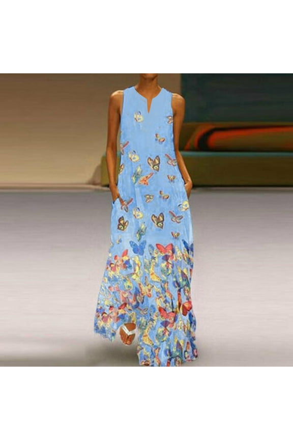 Maxi Summer Dresses for Women Sun Dresses Casual Butterfly Summer Sleeveless Ladies Dresses Summer