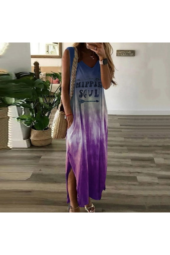 Maxi Vacation Dresses for Women 2024 Shift Dress Hippie Soul Casual Loose Gradient Sleeveless Ladies Dresses