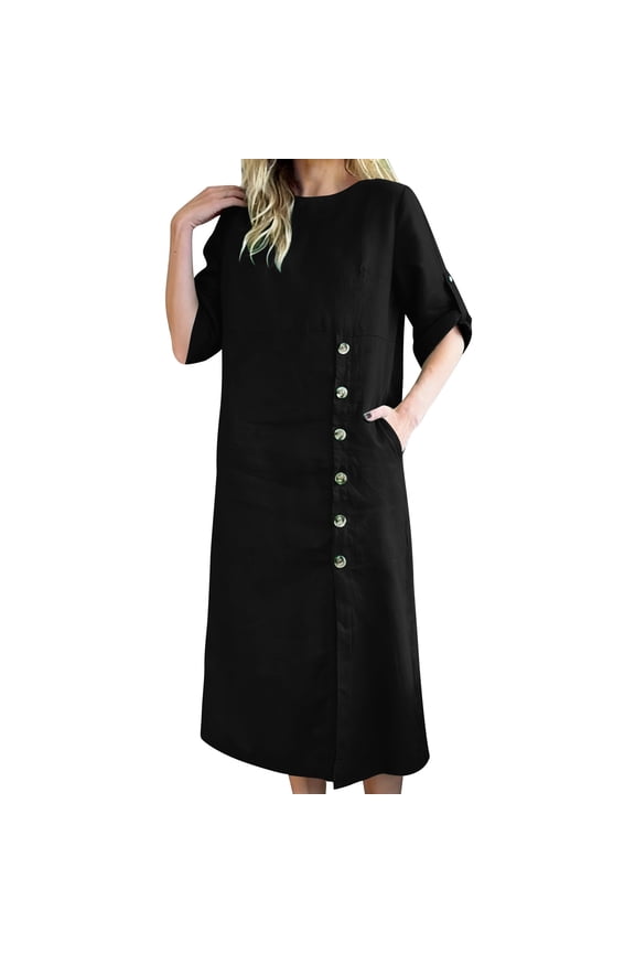 Maxi Womens Dresses Cotton Linen Casual Moomoo Tshirt Dress Black Crew Neck Short Sleeve Womens Sundress L