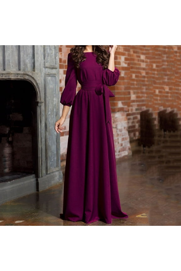 Maxi Womens Dresses Flowy Ball Gown Purple A Line Dress Elegant Puff Sleeve Dresses for Women