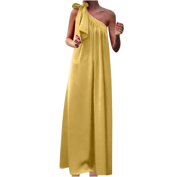 Sakmal Maxi Womens Dresses Summer Crew Neck Gold Sleeveless Solid Pleated Flowy One Shoulder Sundress
