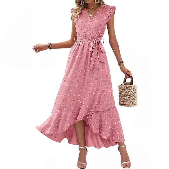 Sakmal Maxi Womens Summer Dresses Pink V-Neck Asymmetrical Short Sleeve Solid Opening Ruffle A-Line Dress
