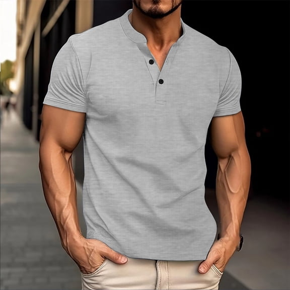 Sakmal Men'S & Big Men'S Gray Notch Neck Short Sleeve Solid Button Casual Tops for Mens