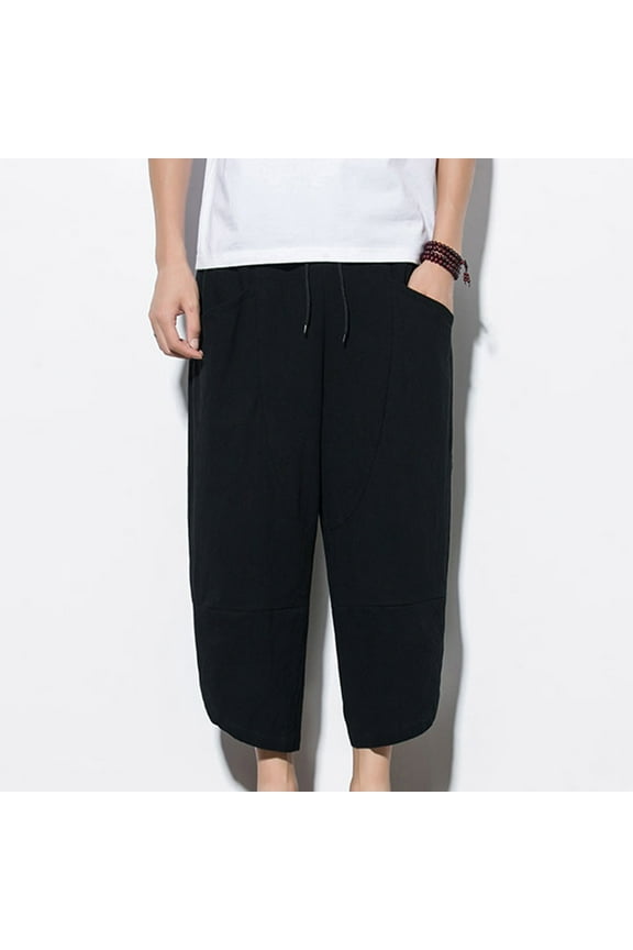 Men'S Pants 7/8th Khakis Black Cotton Linen Flat-Front Solid Trousers