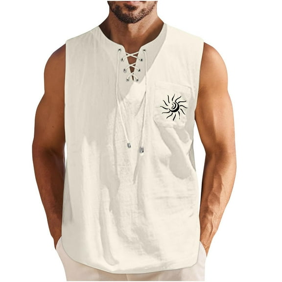 Sakmal Men'S Tank Tops Notch Neck Beige Beige Camisole Drawstring with Pockets Solid Tunic Tops