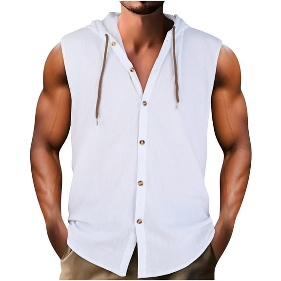 Sakmal Men Tank Tops Hooded White White Button Down Solid Camisole Drawstring Sleeveless Shirts