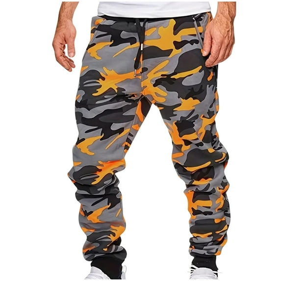 Sakmal Men's Cargo Pants High Waisted Drawstring Elastic Waist Jogger Camo Regular Stretch Orange Men's Pants XXL