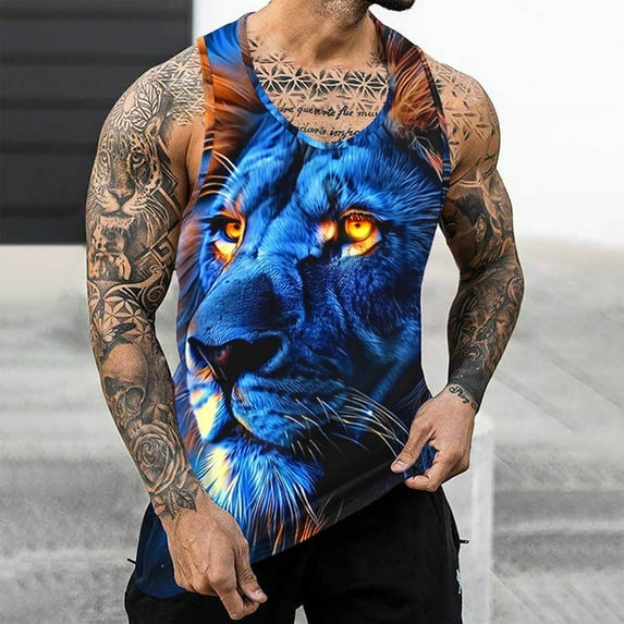 Sakmal Mens Big and Tall Tank Tops Scoop Neck Blue Blue Camisole Stringer Graphic Lion Lightweight Muscle Sleeveless Shirts for Men