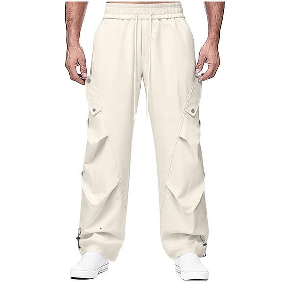 Sakmal Mens Cargo Pants Work Wide Leg Drawstring Elastic Waist Beige Multi Pockets Men's Pants 5XL