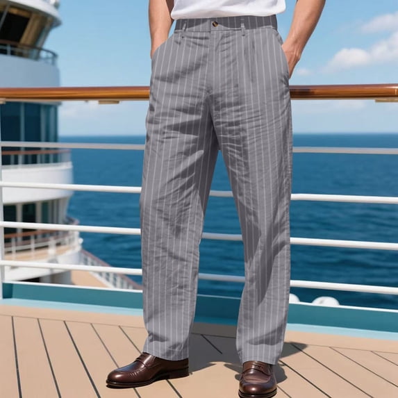 Sakmal Mens Khaki Pants Straight Leg Linen Striped Regular Slacks Gray Chino Pants for Men XL