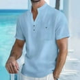 thumbnail image 1 of Sakmal Mens Polo Shirts Short Sleeve Beach Vacation Linen Tshirts Blue Solid Crew Neck Dressy Casual Mens Shirts M, 1 of 5