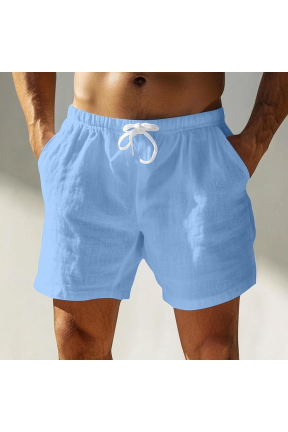Mens Shorts Bermuda Cotton Linen Board with Pockets Lightweight 7 Inch Blue Solid Mens Shorts L