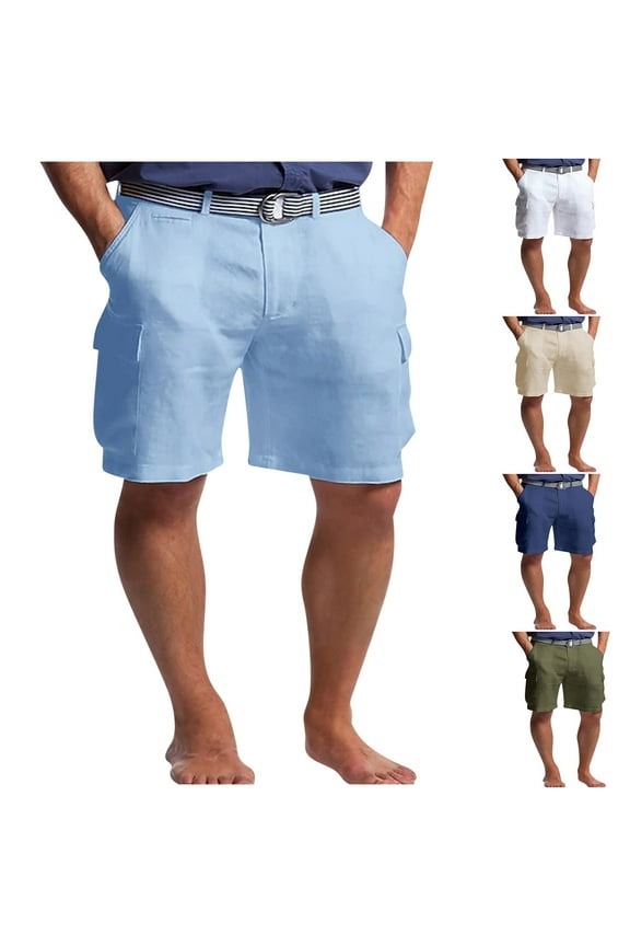 Mens Shorts Bermuda Cotton Linen Stretch Solid Blue 7 Inch Vacation Mens Shorts L